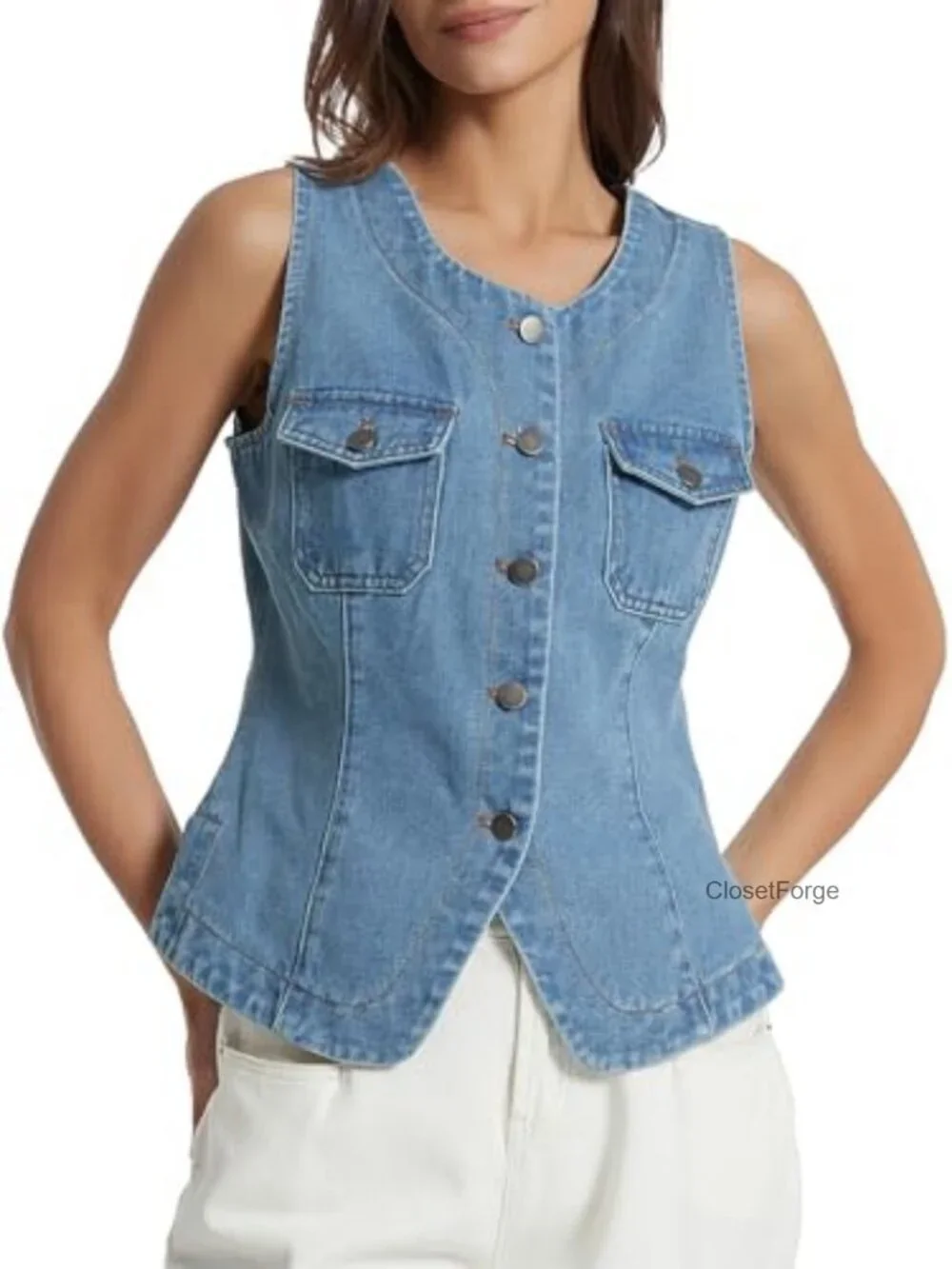 Women's Sleeveless Denim Vest Button Down Crewneck Casual Summer Western